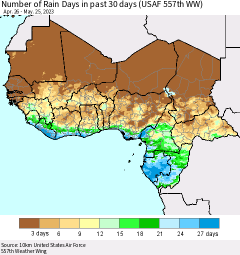 Western Africa Number of Rain Days in past 30 days (USAF 557th WW) 05/25/2023 Thematic Map For 5/21/2023 - 5/25/2023