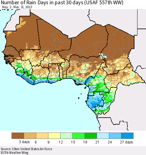 Western Africa Number of Rain Days in past 30 days (USAF 557th WW) 05/31/2023 Thematic Map For 5/26/2023 - 5/31/2023