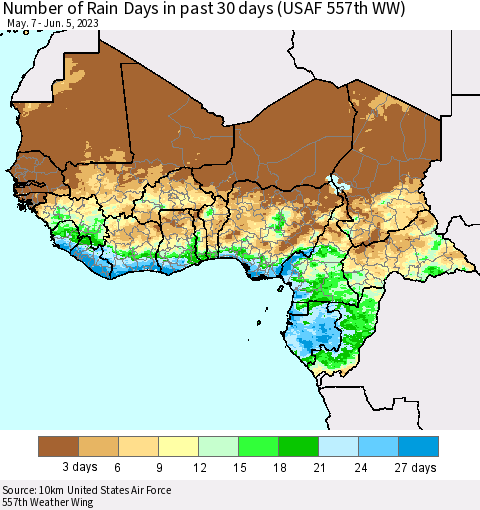 Western Africa Number of Rain Days in past 30 days (USAF 557th WW) 06/05/2023 Thematic Map For 6/1/2023 - 6/5/2023