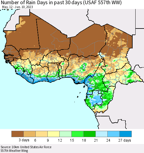 Western Africa Number of Rain Days in past 30 days (USAF 557th WW) 06/10/2023 Thematic Map For 6/6/2023 - 6/10/2023