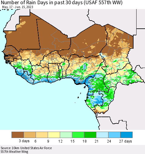 Western Africa Number of Rain Days in past 30 days (USAF 557th WW) 06/15/2023 Thematic Map For 6/11/2023 - 6/15/2023