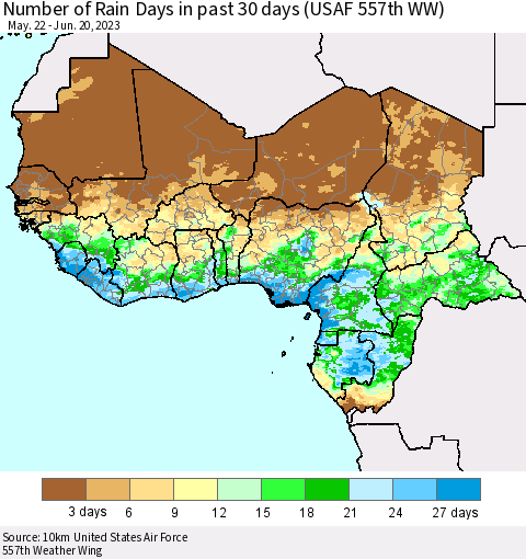 Western Africa Number of Rain Days in past 30 days (USAF 557th WW) 06/20/2023 Thematic Map For 6/16/2023 - 6/20/2023