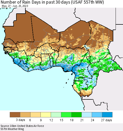 Western Africa Number of Rain Days in past 30 days (USAF 557th WW) 06/25/2023 Thematic Map For 6/21/2023 - 6/25/2023