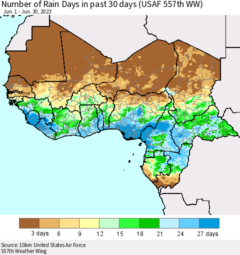Western Africa Number of Rain Days in past 30 days (USAF 557th WW) 06/30/2023 Thematic Map For 6/26/2023 - 6/30/2023