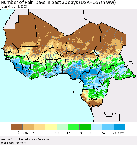 Western Africa Number of Rain Days in past 30 days (USAF 557th WW) 07/05/2023 Thematic Map For 7/1/2023 - 7/5/2023