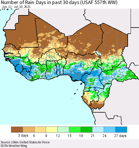 Western Africa Number of Rain Days in past 30 days (USAF 557th WW) 07/10/2023 Thematic Map For 7/6/2023 - 7/10/2023