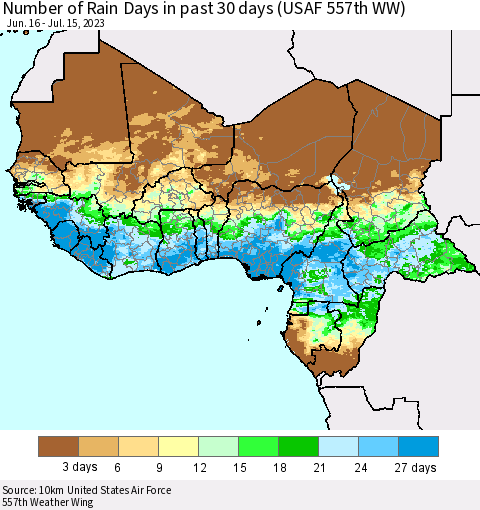 Western Africa Number of Rain Days in past 30 days (USAF 557th WW) 07/15/2023 Thematic Map For 7/11/2023 - 7/15/2023