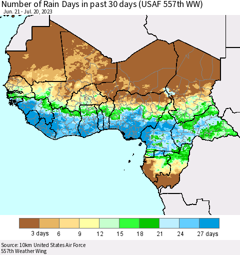 Western Africa Number of Rain Days in past 30 days (USAF 557th WW) 07/20/2023 Thematic Map For 7/16/2023 - 7/20/2023