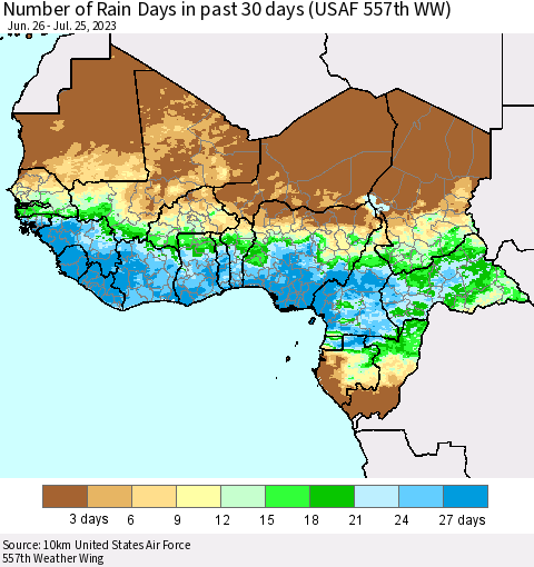 Western Africa Number of Rain Days in past 30 days (USAF 557th WW) 07/25/2023 Thematic Map For 7/21/2023 - 7/25/2023