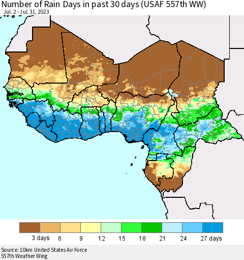 Western Africa Number of Rain Days in past 30 days (USAF 557th WW) 07/31/2023 Thematic Map For 7/26/2023 - 7/31/2023