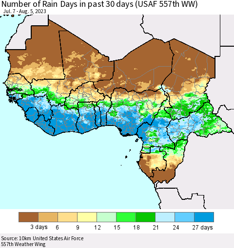 Western Africa Number of Rain Days in past 30 days (USAF 557th WW) 08/05/2023 Thematic Map For 8/1/2023 - 8/5/2023