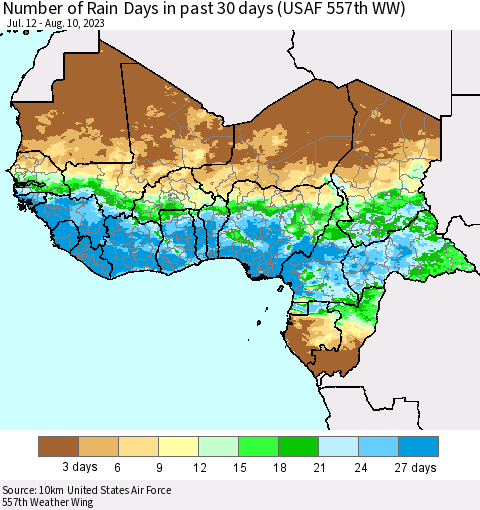 Western Africa Number of Rain Days in past 30 days (USAF 557th WW) 08/10/2023 Thematic Map For 8/6/2023 - 8/10/2023