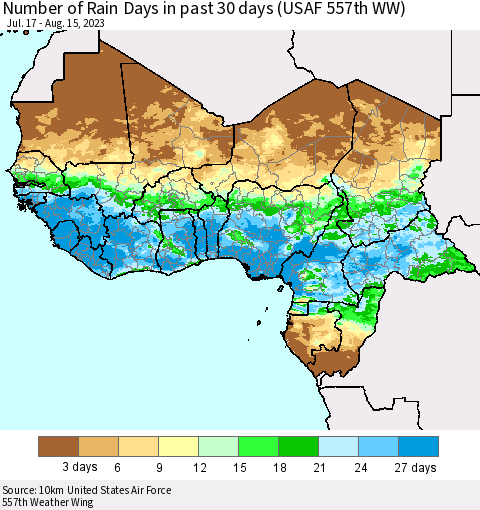 Western Africa Number of Rain Days in past 30 days (USAF 557th WW) 08/15/2023 Thematic Map For 8/11/2023 - 8/15/2023