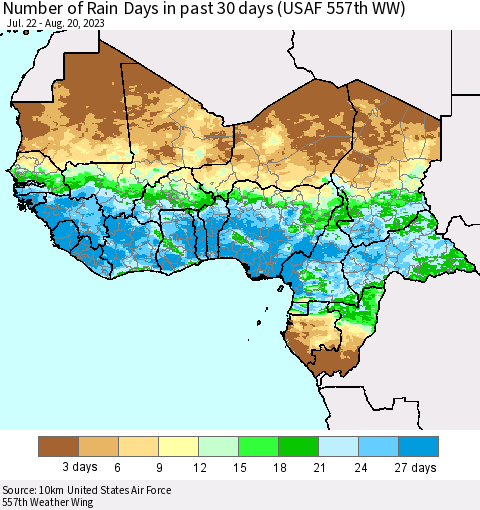 Western Africa Number of Rain Days in past 30 days (USAF 557th WW) 08/20/2023 Thematic Map For 8/16/2023 - 8/20/2023