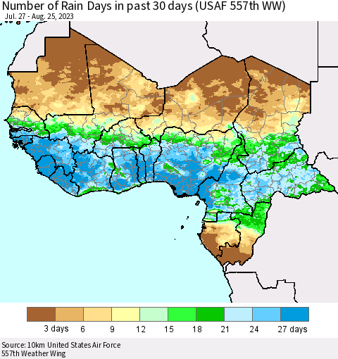 Western Africa Number of Rain Days in past 30 days (USAF 557th WW) 08/25/2023 Thematic Map For 8/21/2023 - 8/25/2023