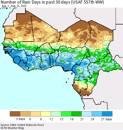 Western Africa Number of Rain Days in past 30 days (USAF 557th WW) 08/31/2023 Thematic Map For 8/26/2023 - 8/31/2023