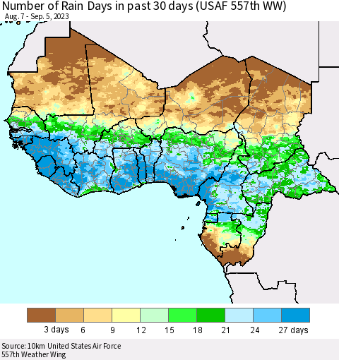 Western Africa Number of Rain Days in past 30 days (USAF 557th WW) 09/05/2023 Thematic Map For 9/1/2023 - 9/5/2023