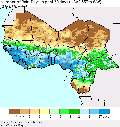Western Africa Number of Rain Days in past 30 days (USAF 557th WW) 09/10/2023 Thematic Map For 9/6/2023 - 9/10/2023