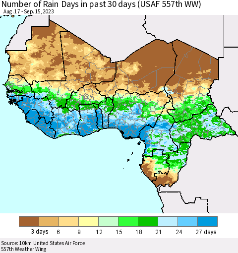 Western Africa Number of Rain Days in past 30 days (USAF 557th WW) 09/15/2023 Thematic Map For 9/11/2023 - 9/15/2023