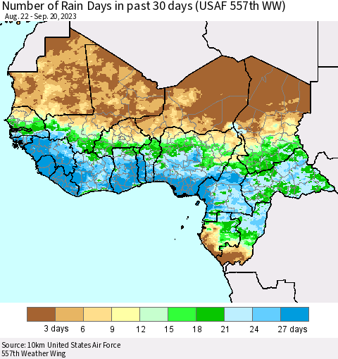 Western Africa Number of Rain Days in past 30 days (USAF 557th WW) 09/20/2023 Thematic Map For 9/16/2023 - 9/20/2023