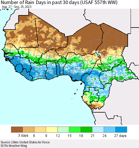 Western Africa Number of Rain Days in past 30 days (USAF 557th WW) 09/25/2023 Thematic Map For 9/21/2023 - 9/25/2023