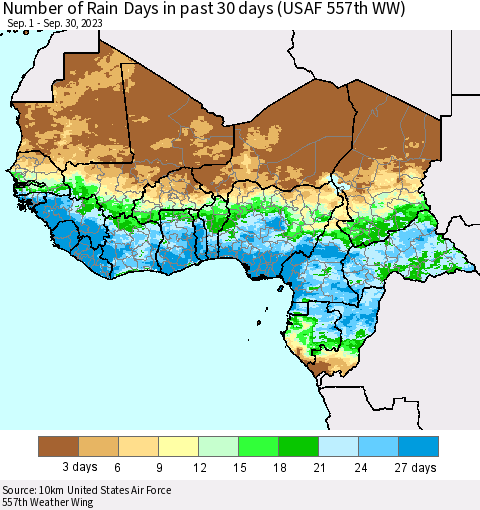 Western Africa Number of Rain Days in past 30 days (USAF 557th WW) 09/30/2023 Thematic Map For 9/26/2023 - 9/30/2023