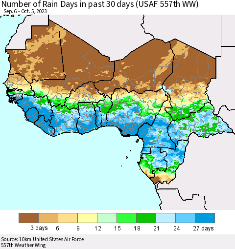 Western Africa Number of Rain Days in past 30 days (USAF 557th WW) 10/05/2023 Thematic Map For 10/1/2023 - 10/5/2023