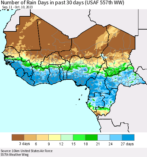 Western Africa Number of Rain Days in past 30 days (USAF 557th WW) 10/10/2023 Thematic Map For 10/6/2023 - 10/10/2023