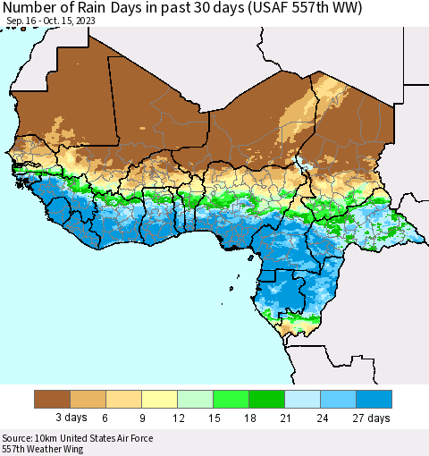 Western Africa Number of Rain Days in past 30 days (USAF 557th WW) 10/15/2023 Thematic Map For 10/11/2023 - 10/15/2023