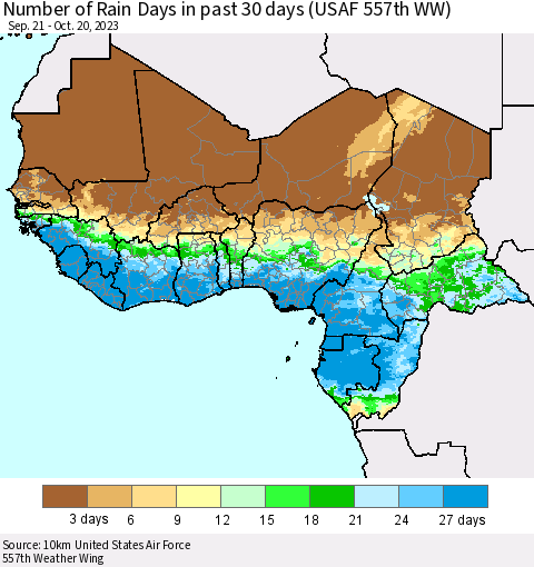 Western Africa Number of Rain Days in past 30 days (USAF 557th WW) 10/20/2023 Thematic Map For 10/16/2023 - 10/20/2023