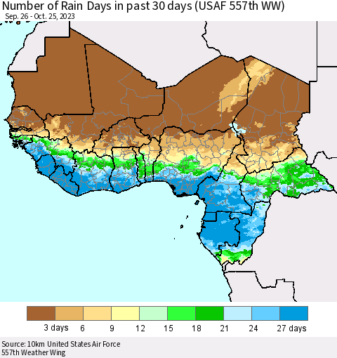 Western Africa Number of Rain Days in past 30 days (USAF 557th WW) 10/25/2023 Thematic Map For 10/21/2023 - 10/25/2023