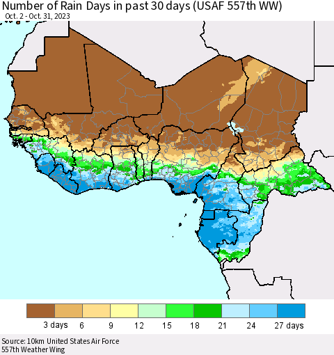 Western Africa Number of Rain Days in past 30 days (USAF 557th WW) 10/31/2023 Thematic Map For 10/26/2023 - 10/31/2023