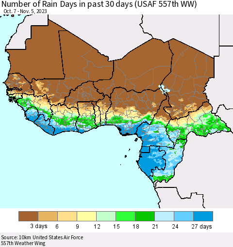 Western Africa Number of Rain Days in past 30 days (USAF 557th WW) 11/05/2023 Thematic Map For 11/1/2023 - 11/5/2023