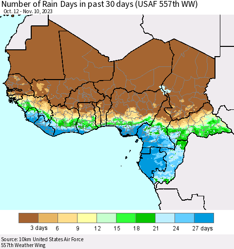 Western Africa Number of Rain Days in past 30 days (USAF 557th WW) 11/10/2023 Thematic Map For 11/6/2023 - 11/10/2023