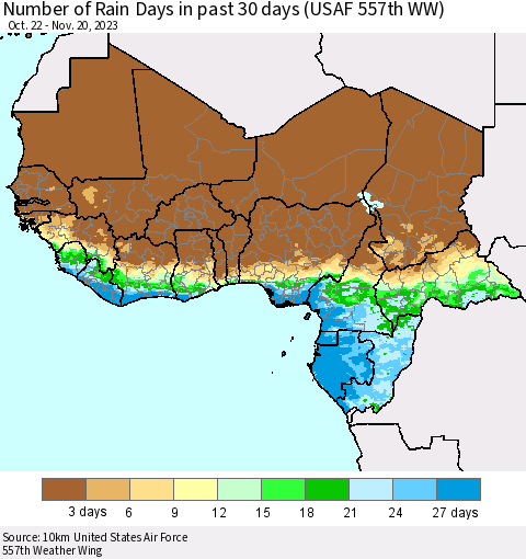 Western Africa Number of Rain Days in past 30 days (USAF 557th WW) 11/20/2023 Thematic Map For 11/16/2023 - 11/20/2023