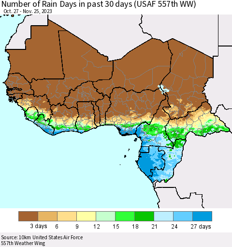 Western Africa Number of Rain Days in past 30 days (USAF 557th WW) 11/25/2023 Thematic Map For 11/21/2023 - 11/25/2023