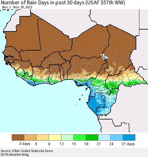 Western Africa Number of Rain Days in past 30 days (USAF 557th WW) 11/30/2023 Thematic Map For 11/26/2023 - 11/30/2023