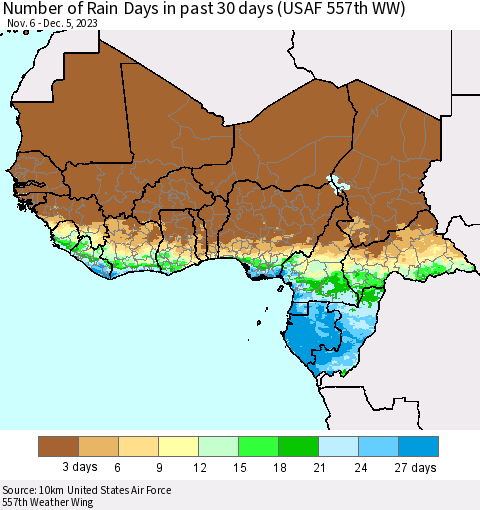 Western Africa Number of Rain Days in past 30 days (USAF 557th WW) 12/05/2023 Thematic Map For 12/1/2023 - 12/5/2023