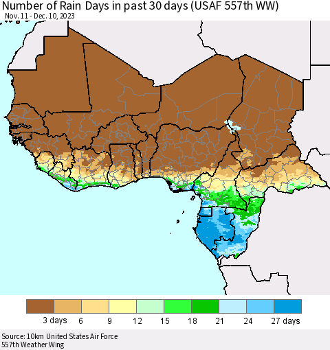 Western Africa Number of Rain Days in past 30 days (USAF 557th WW) 12/10/2023 Thematic Map For 12/6/2023 - 12/10/2023
