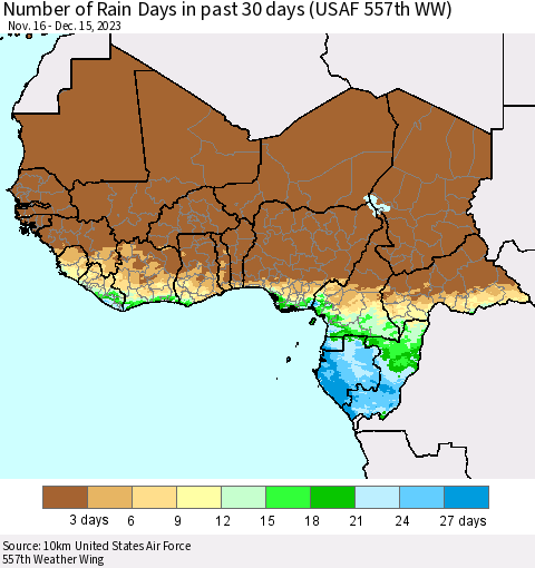 Western Africa Number of Rain Days in past 30 days (USAF 557th WW) 12/15/2023 Thematic Map For 12/11/2023 - 12/15/2023