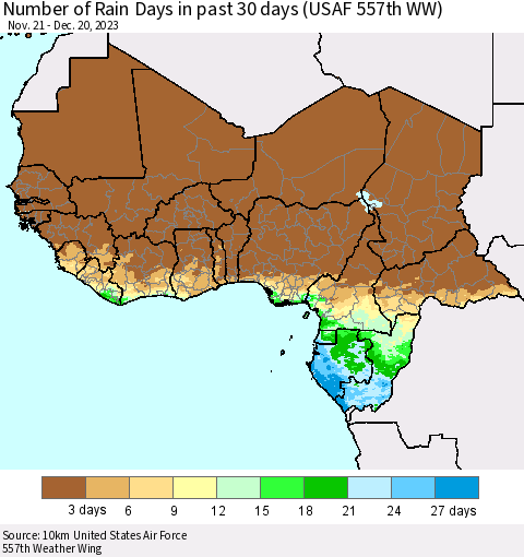 Western Africa Number of Rain Days in past 30 days (USAF 557th WW) 12/20/2023 Thematic Map For 12/16/2023 - 12/20/2023