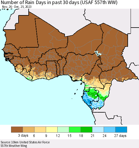 Western Africa Number of Rain Days in past 30 days (USAF 557th WW) 12/25/2023 Thematic Map For 12/21/2023 - 12/25/2023