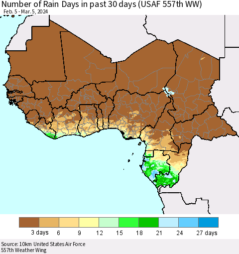 Western Africa Number of Rain Days in past 30 days (USAF 557th WW) 03/05/2024 Thematic Map For 3/1/2024 - 3/5/2024