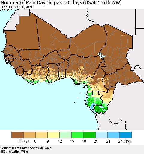 Western Africa Number of Rain Days in past 30 days (USAF 557th WW) 03/10/2024 Thematic Map For 3/6/2024 - 3/10/2024