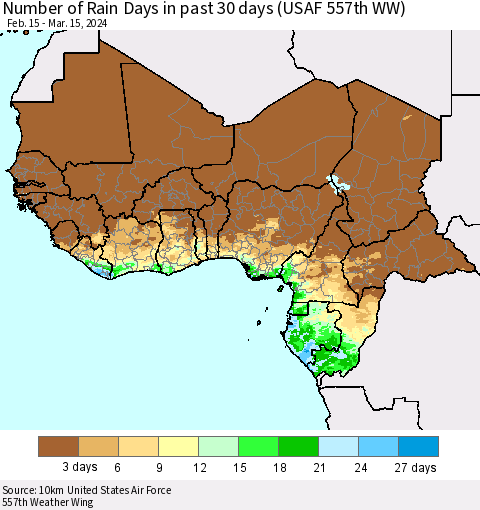 Western Africa Number of Rain Days in past 30 days (USAF 557th WW) 03/15/2024 Thematic Map For 3/11/2024 - 3/15/2024