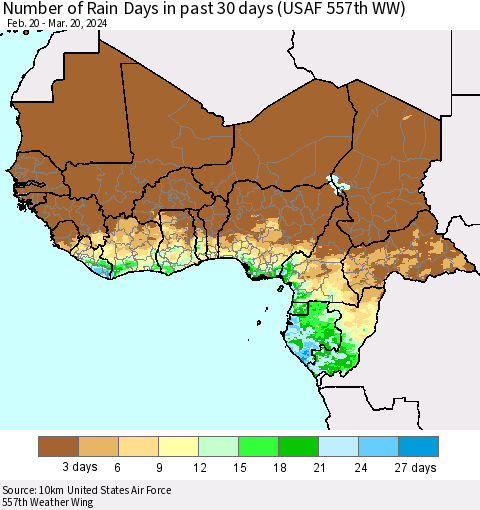 Western Africa Number of Rain Days in past 30 days (USAF 557th WW) 03/20/2024 Thematic Map For 3/16/2024 - 3/20/2024