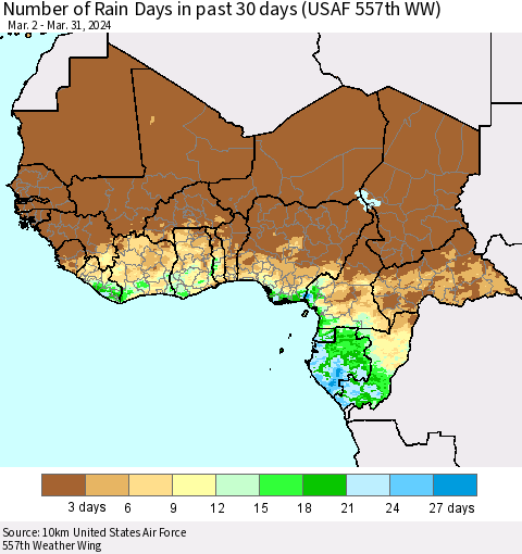 Western Africa Number of Rain Days in past 30 days (USAF 557th WW) 03/31/2024 Thematic Map For 3/26/2024 - 3/31/2024