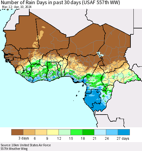 Western Africa Number of Rain Days in past 30 days (USAF 557th WW) 04/10/2024 Thematic Map For 4/6/2024 - 4/10/2024