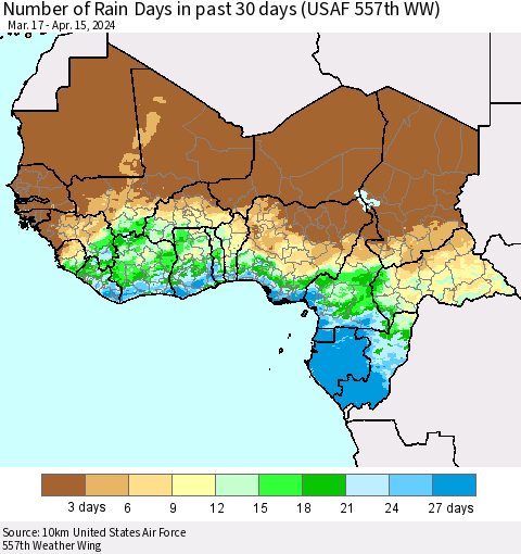 Western Africa Number of Rain Days in past 30 days (USAF 557th WW) 04/15/2024 Thematic Map For 4/11/2024 - 4/15/2024