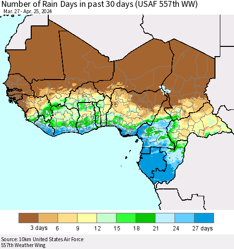 Western Africa Number of Rain Days in past 30 days (USAF 557th WW) 04/25/2024 Thematic Map For 4/21/2024 - 4/25/2024